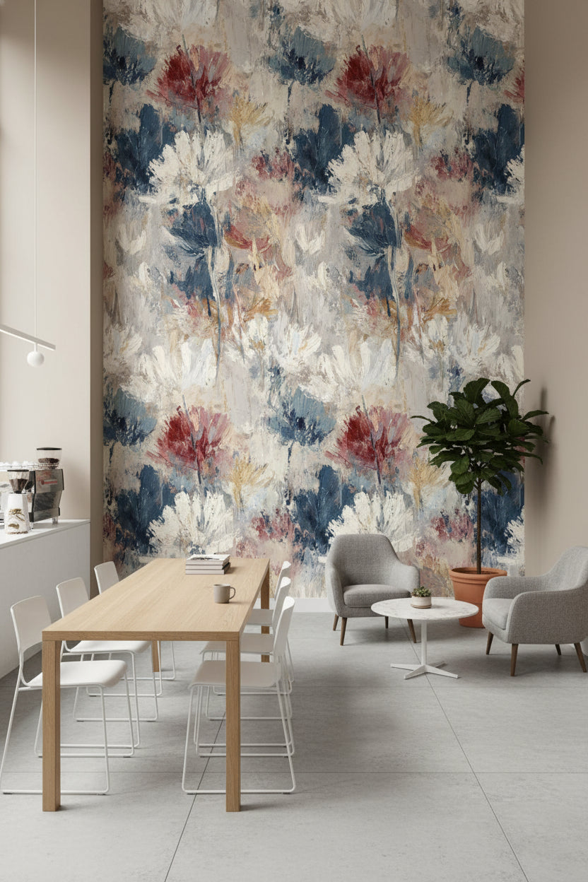 Neutral Blue Abstract Floral Brushstroke Wallpaper