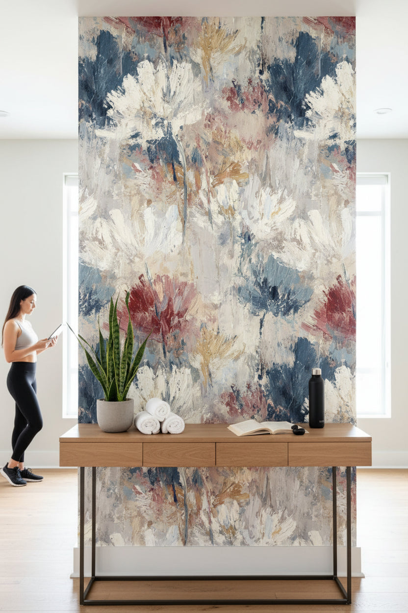 Neutral Blue Abstract Floral Brushstroke Wallpaper