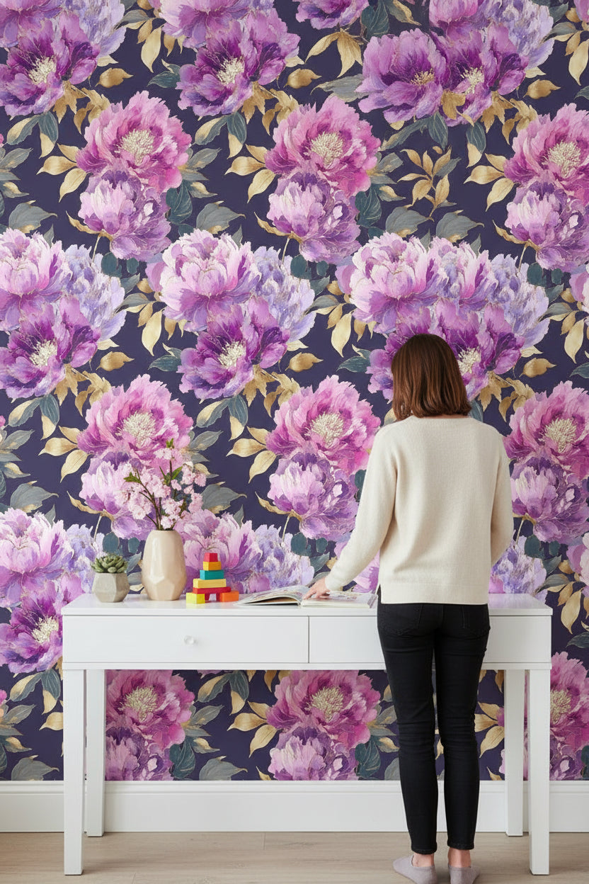 Floral Wallpaper Peonies Purple Removable Wall Decor