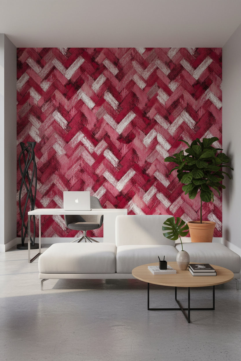 Crimson Red Chevron Textured Wallpaper