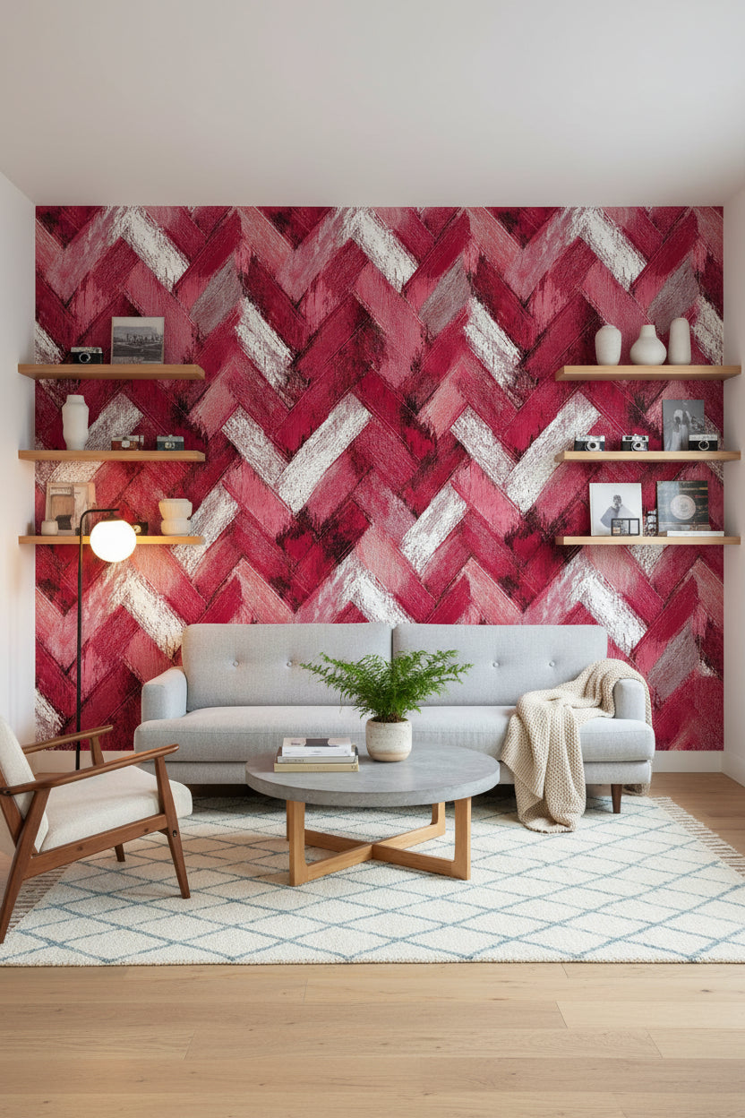 Crimson Red Chevron Textured Wallpaper