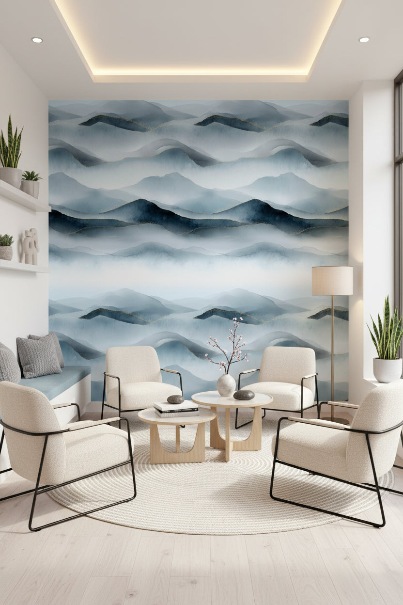 Serene Blue Watercolor Mountain Landscape Wallpaper