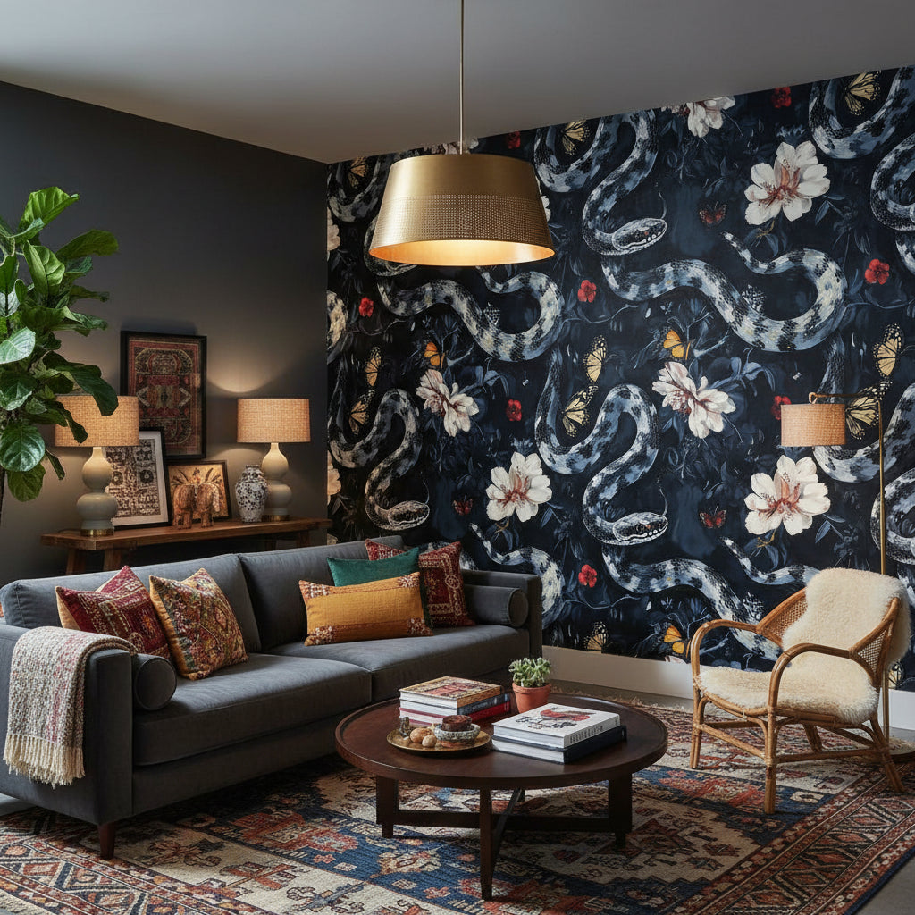 Dark Floral and Serpentine Motif Wallpaper