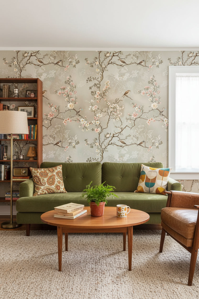 Beige Cherry Blossom Bird Botanical Wallpaper