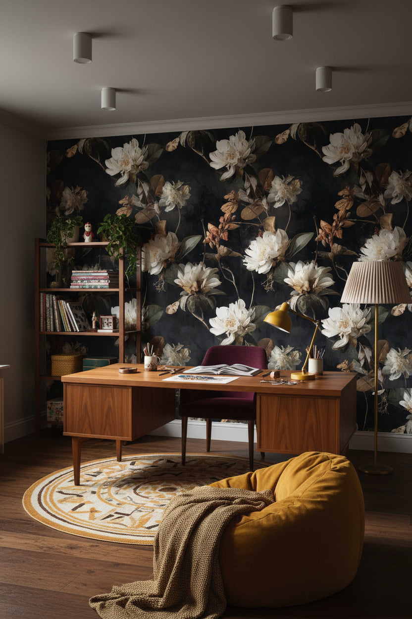 Elegant Ivory Floral on Deep Black Wallpaper
