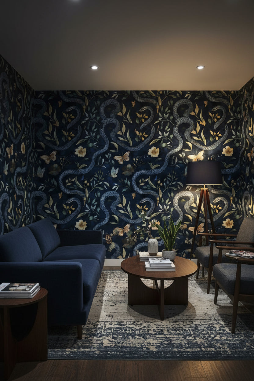 Navy Blue Serpentine Wildflower Wallpaper