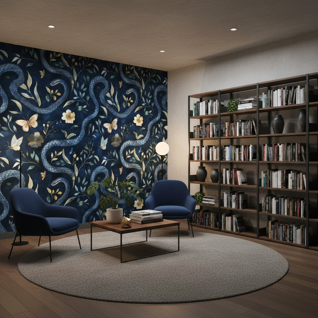 Navy Blue Serpentine Wildflower Wallpaper