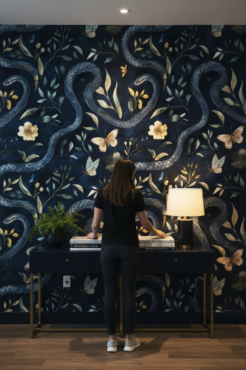 Navy Blue Serpentine Wildflower Wallpaper
