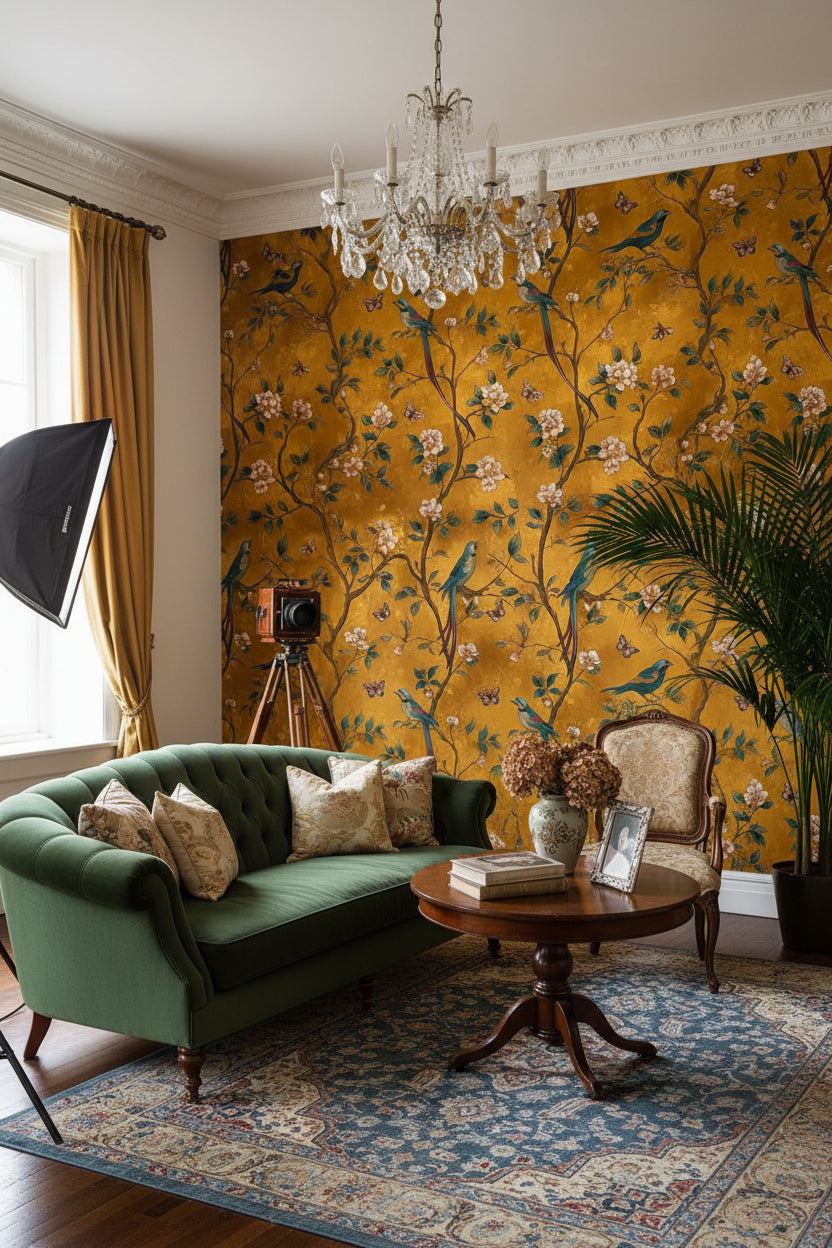 Golden Look Look Chinoiserie Bird and Blossom Wallpaper
