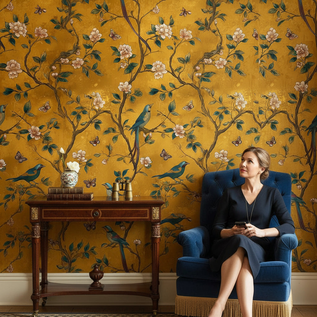 Golden Look Look Chinoiserie Bird and Blossom Wallpaper
