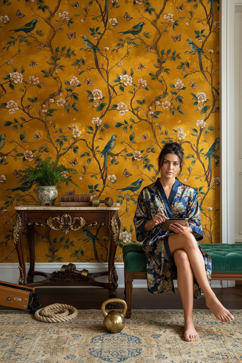 Golden Look Look Chinoiserie Bird and Blossom Wallpaper