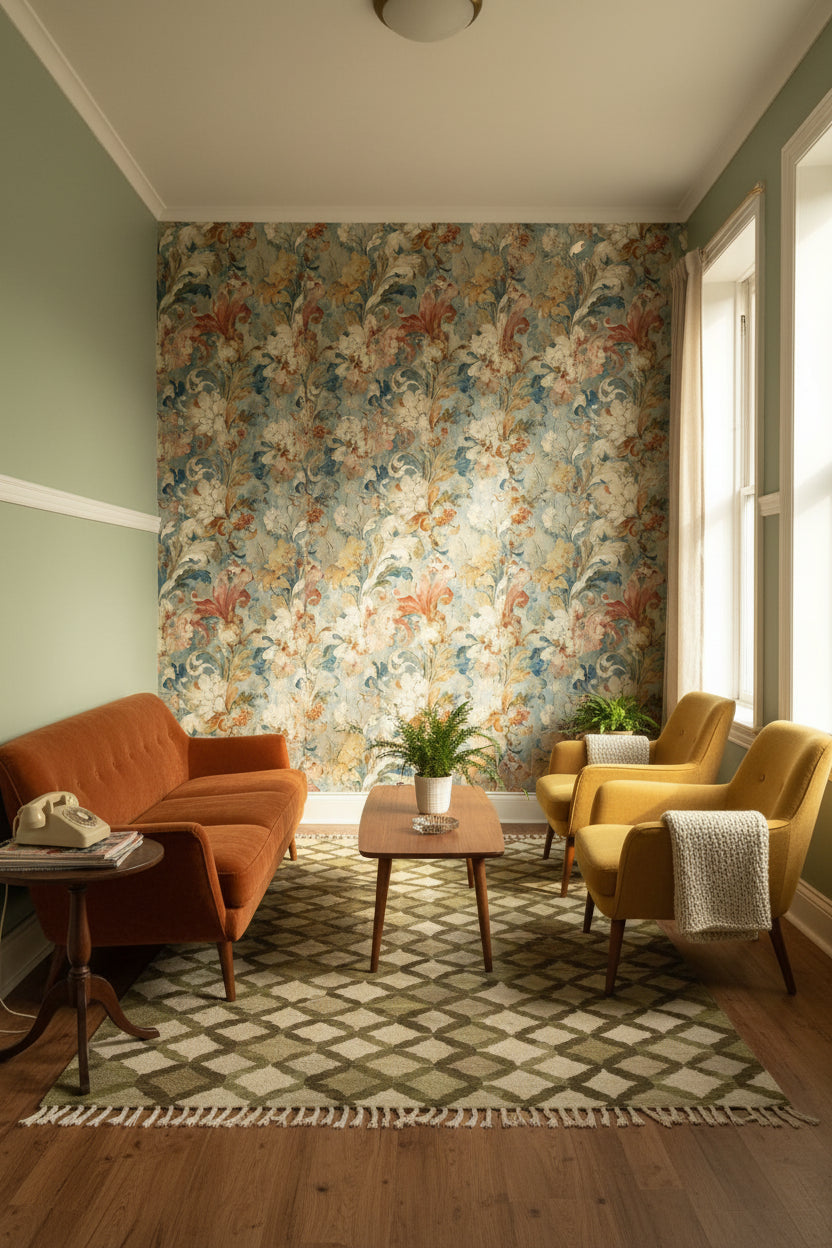 Vintage Blue and Cream Large Floral Wallpaper