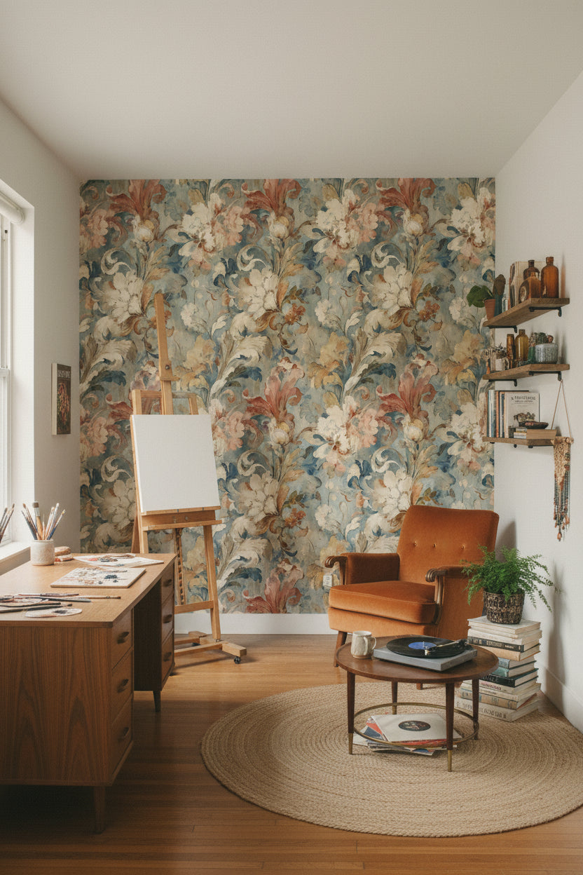 Vintage Blue and Cream Large Floral Wallpaper