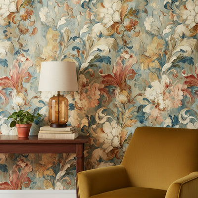 Vintage Blue and Cream Large Floral Wallpaper