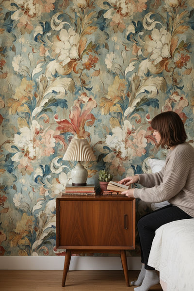 Vintage Blue and Cream Large Floral Wallpaper - 2