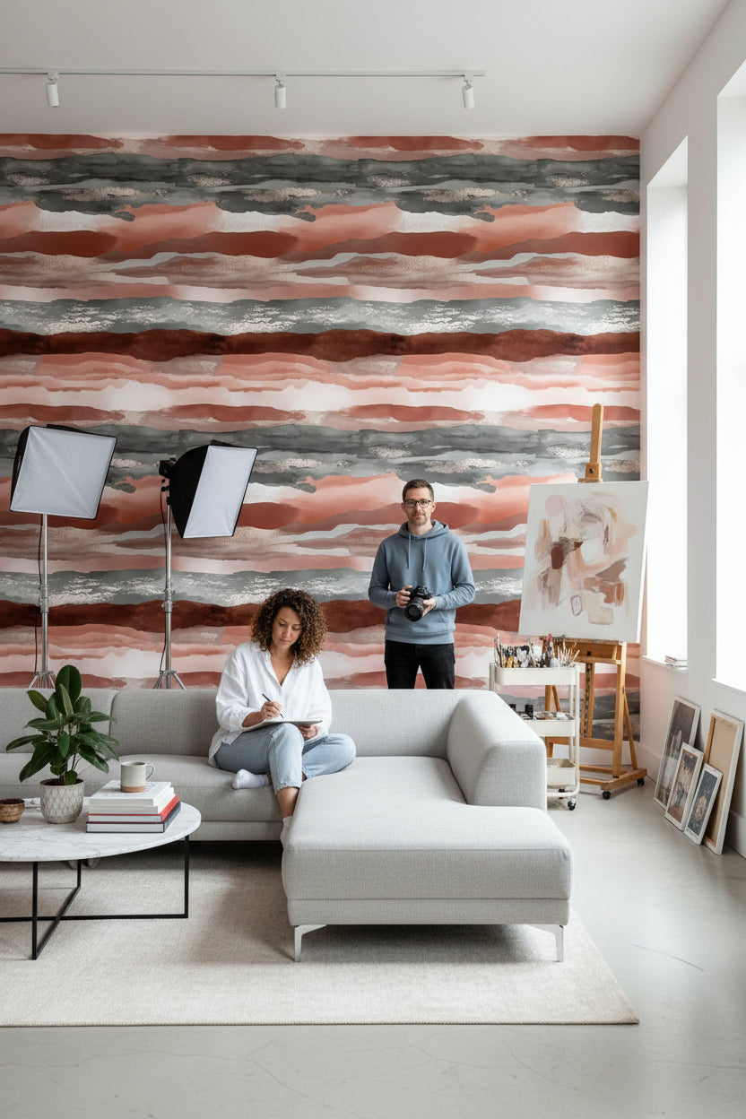 Warm Terracotta and Gray Abstract Stripe Wallpaper