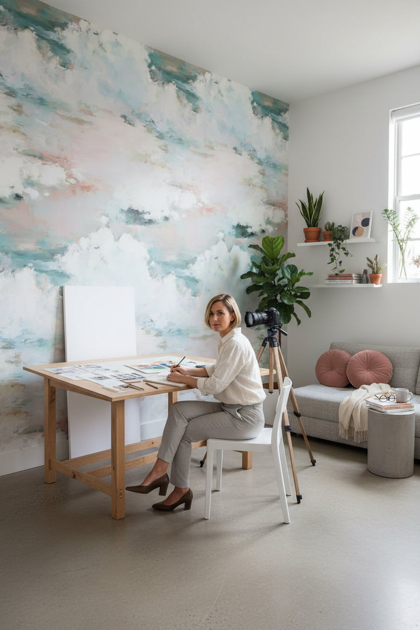 Soft Blue and Cream Cloudscape Wallpaper