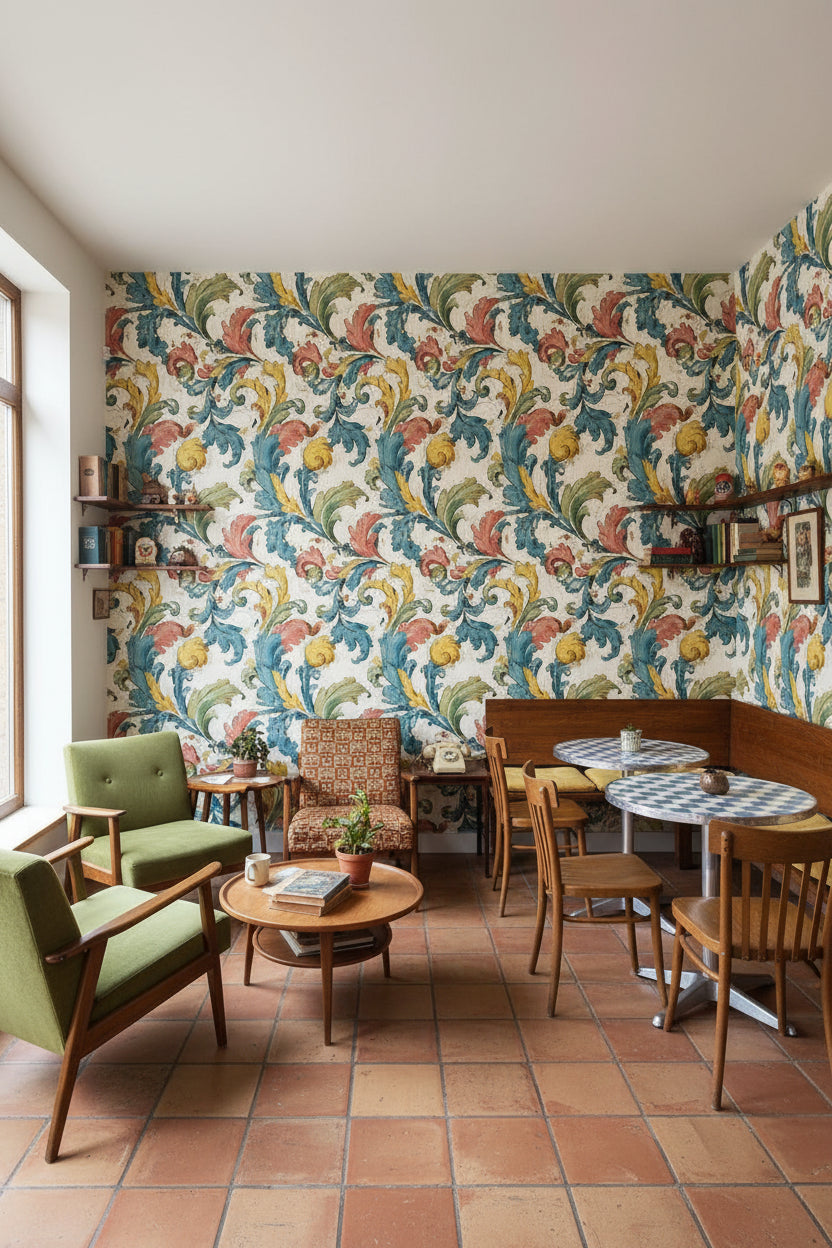 Multicolor Baroque Floral Swirl Wallpaper