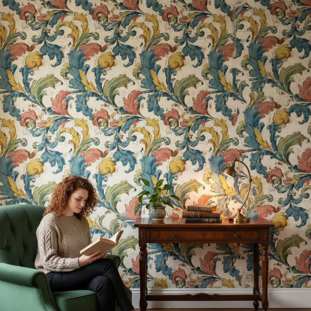 Multicolor Baroque Floral Swirl Wallpaper
