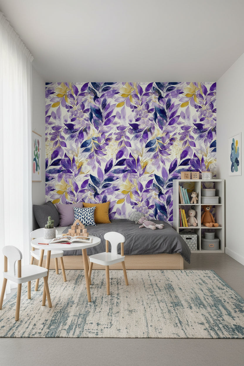 Vibrant Purple and Yellow Leaf Botanical Wallpaper