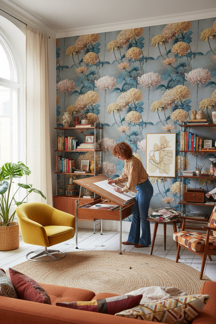 Vintage Blue and Yellow Chrysanthemum Floral Wallpaper