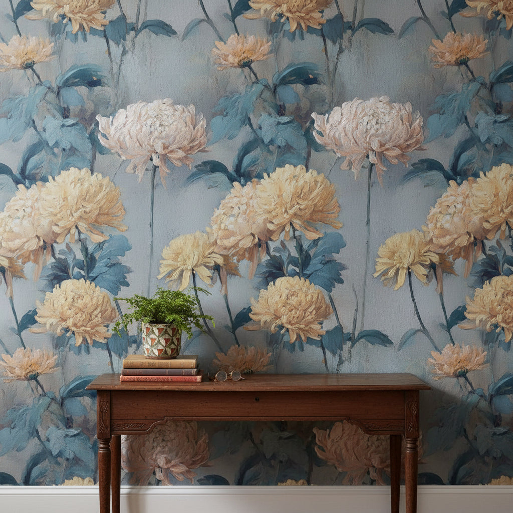 Vintage Blue and Yellow Chrysanthemum Floral Wallpaper