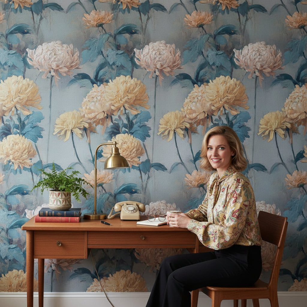 Vintage Blue and Yellow Chrysanthemum Floral Wallpaper
