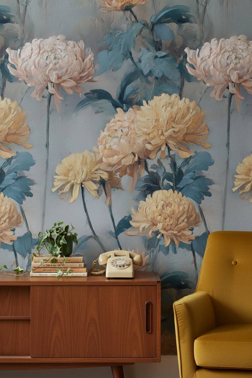 Vintage Blue and Yellow Chrysanthemum Floral Wallpaper