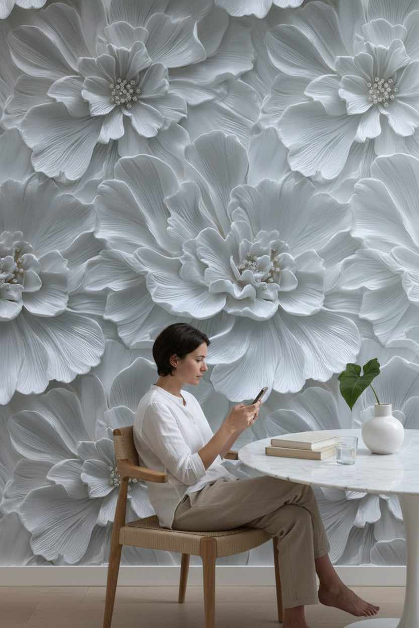 Ivory White Large Floral Texture Wallpaper