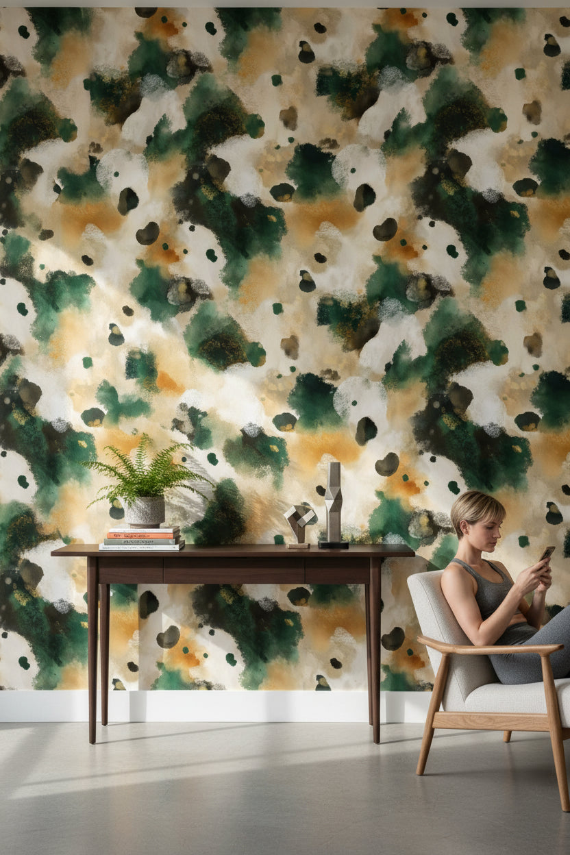 Beige and Forest Green Abstract Pattern Wallpaper