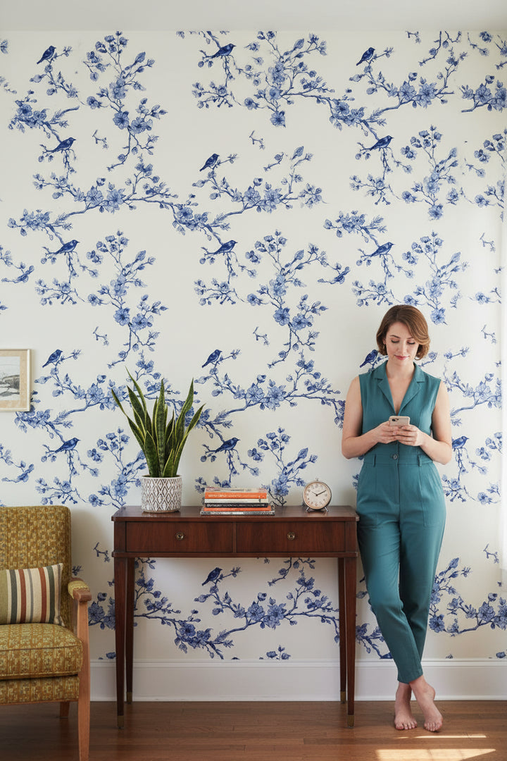 Cream and Blue Bird Blossom Wallpaper