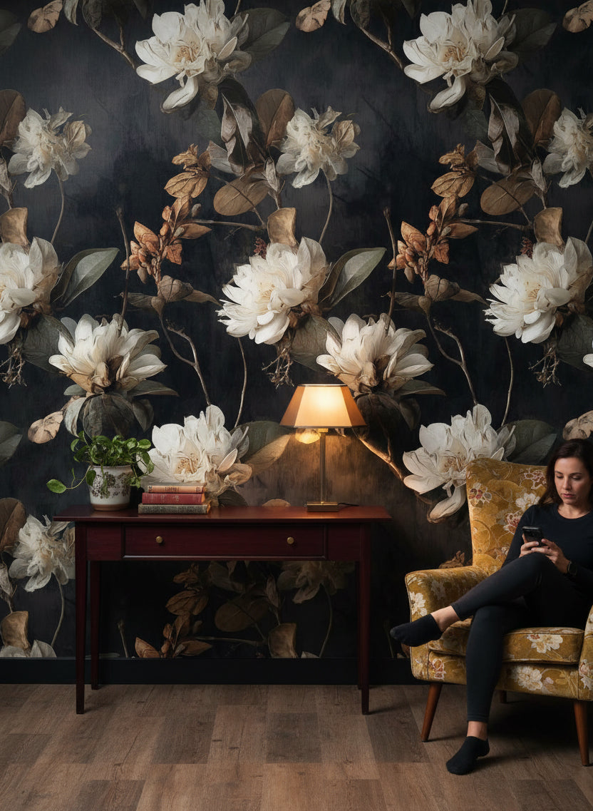 Elegant Ivory Floral on Deep Black Wallpaper