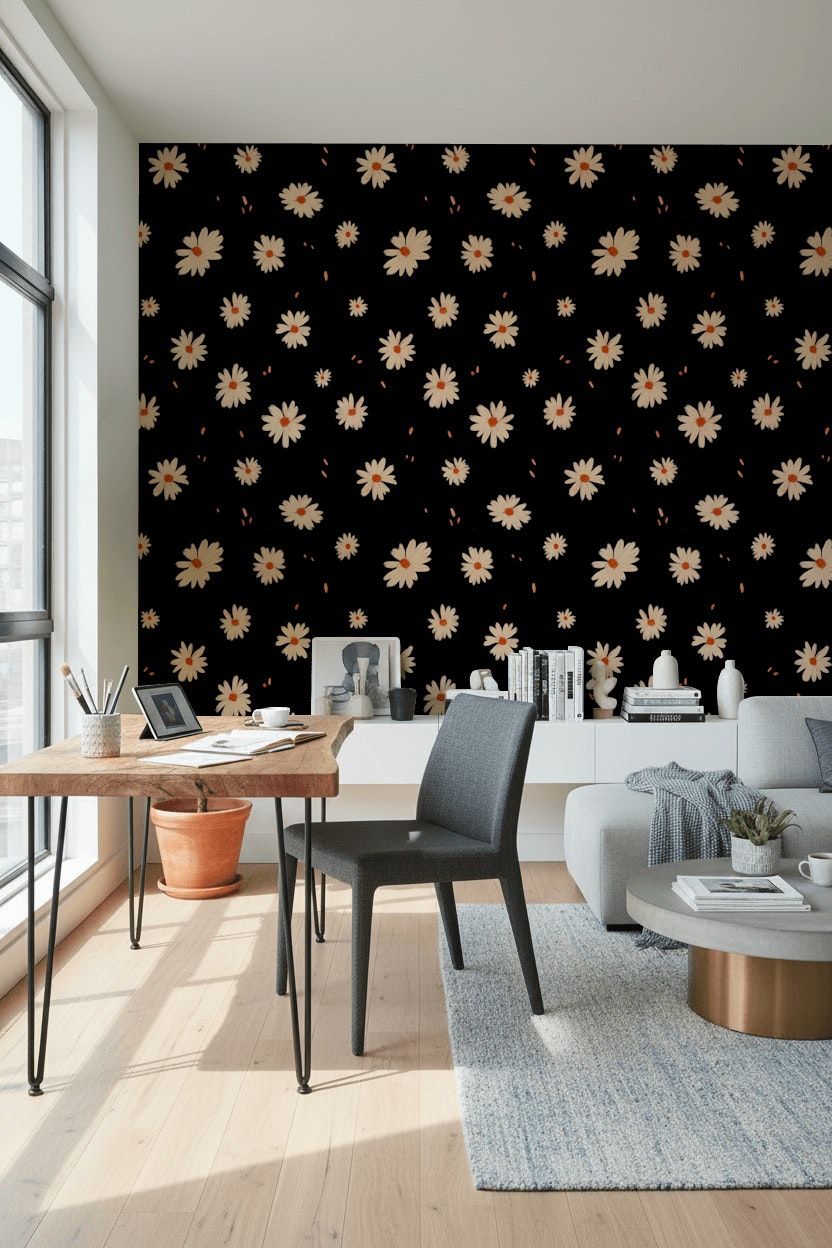 Black and Cream Daisy Floral Wallpaper