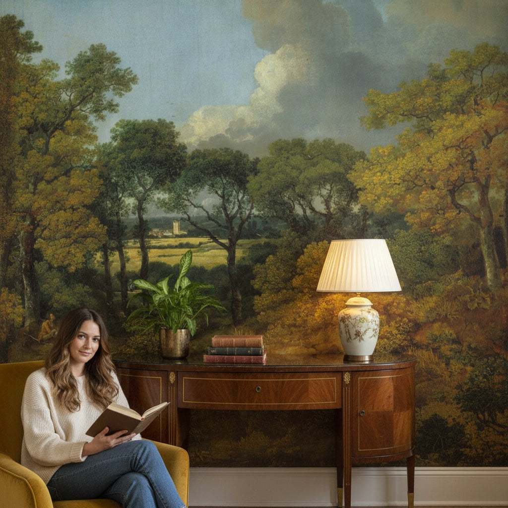 Vintage Green Forest Scene Landscape Wall Mural