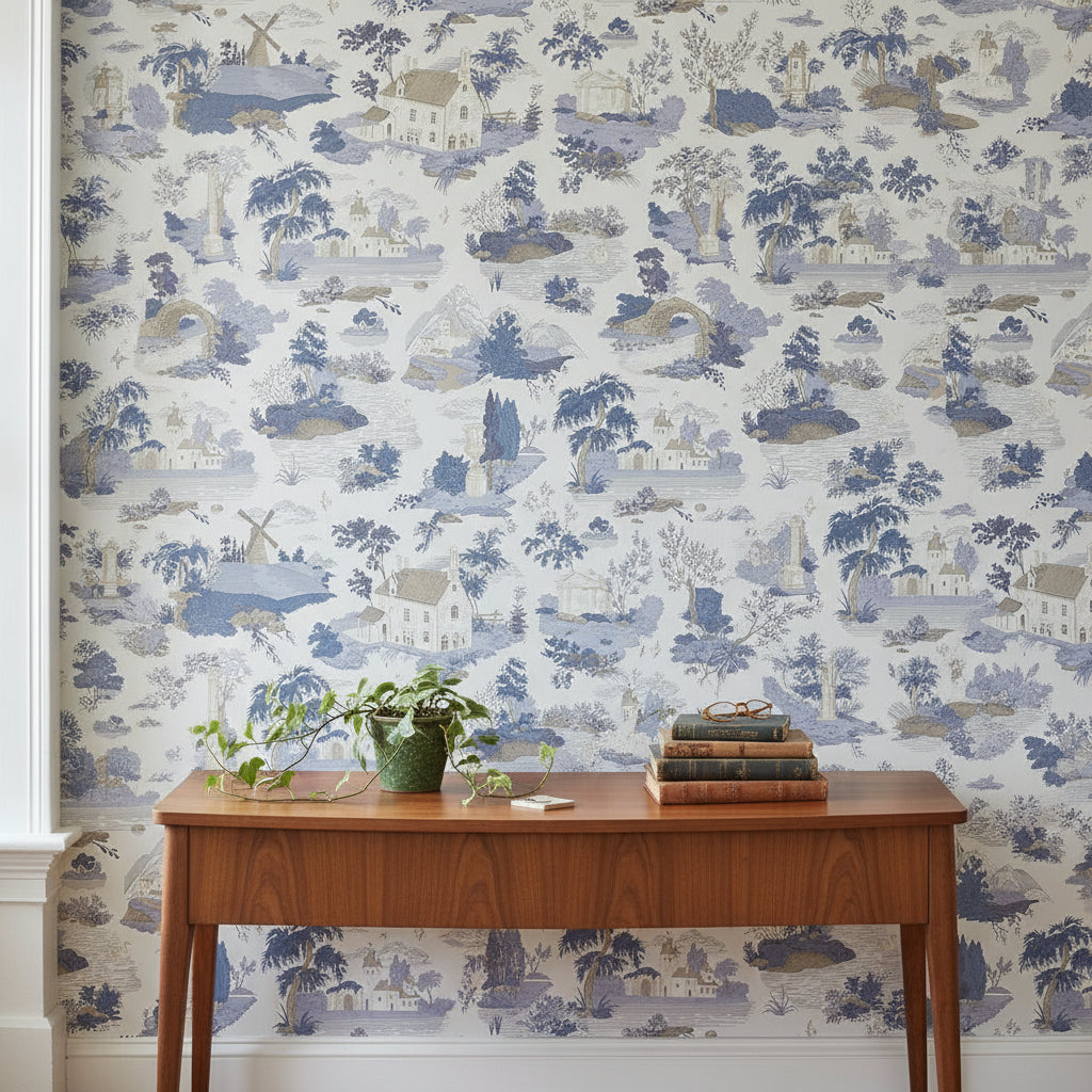 Cream and Blue Vintage Landscape Wallpaper