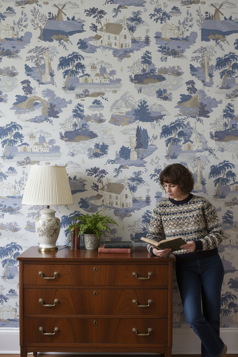 Cream and Blue Vintage Landscape Wallpaper