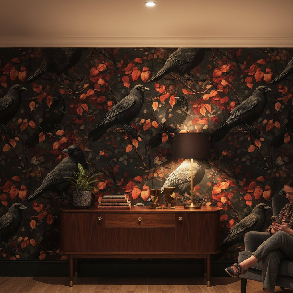Dark Autumn Crow and Leaves Wallpaper