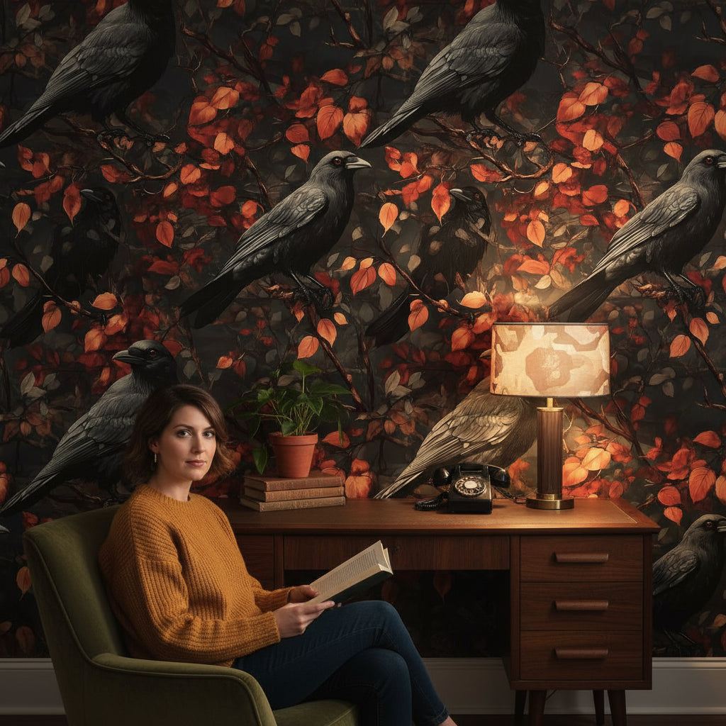 Birds Wallpaper Dark Autumn Decorative Mural