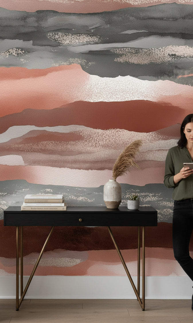 Warm Terracotta and Gray Abstract Stripe Wallpaper