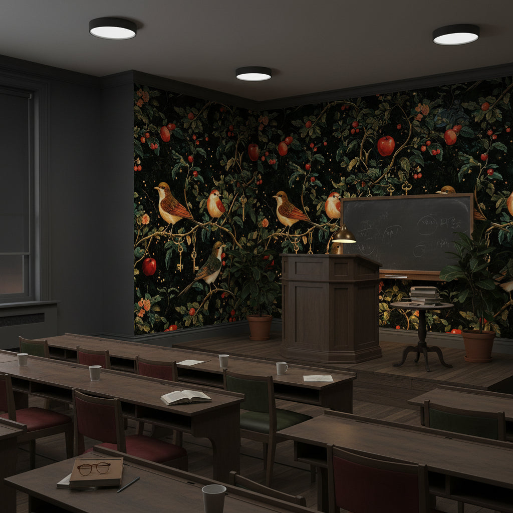 Dark Botanical Elegance with Birds Wallpaper