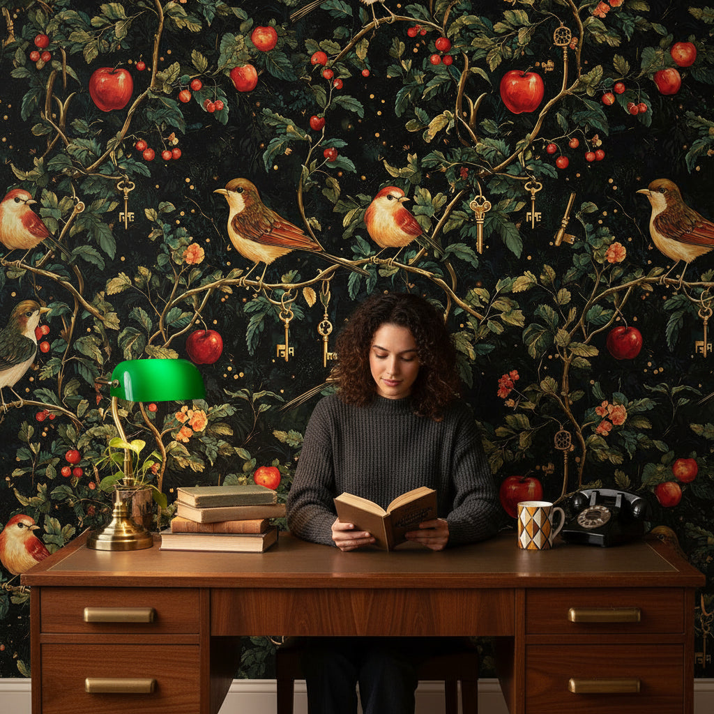 Dark Botanical Elegance with Birds Wallpaper