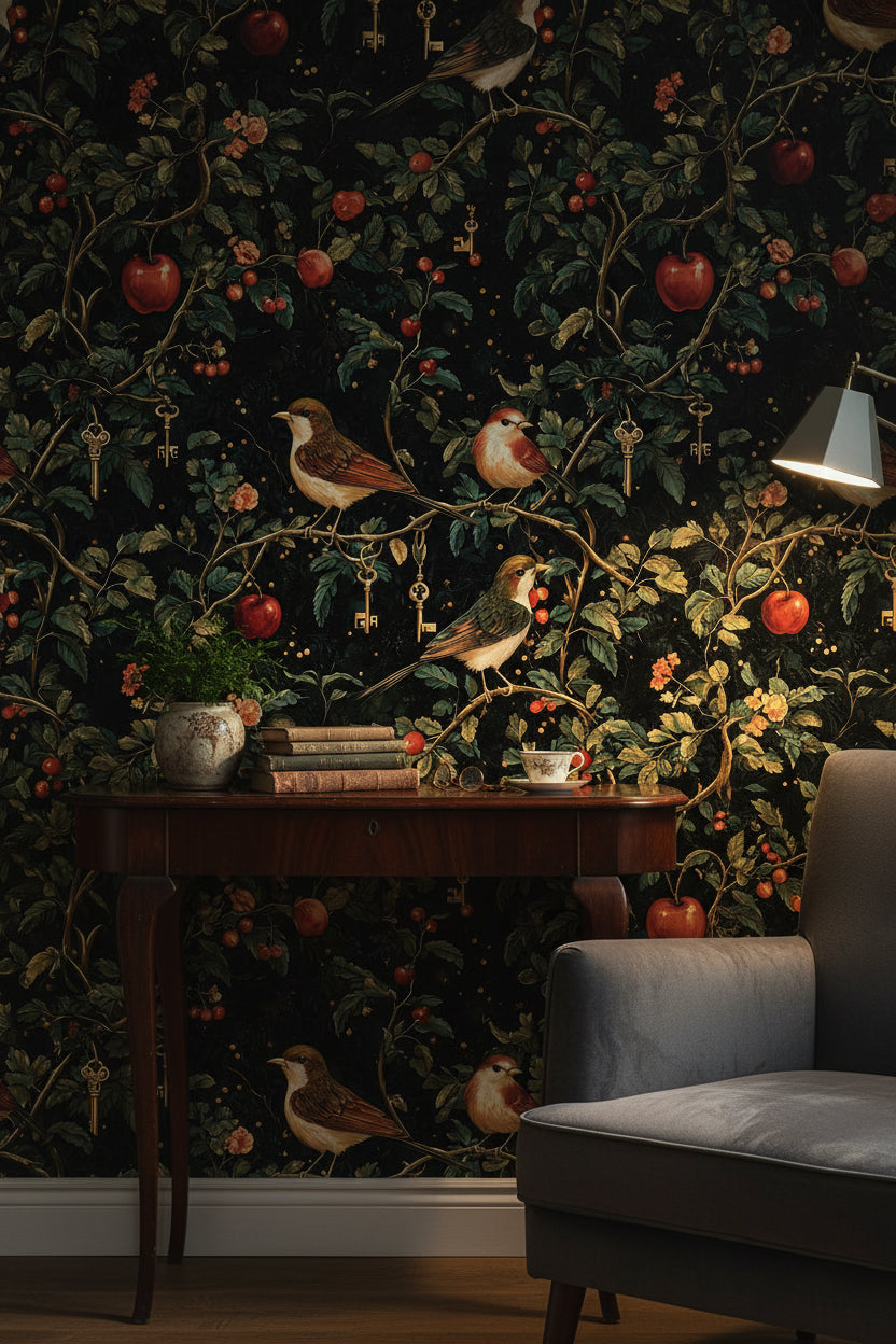 Dark Botanical Elegance with Birds Wallpaper
