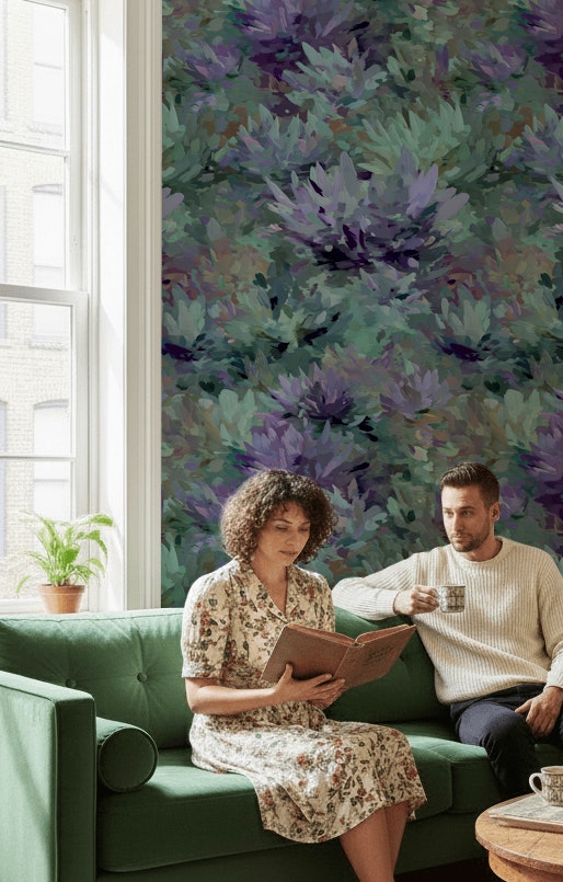Lush Purple and Green Large Floral Wallpaper