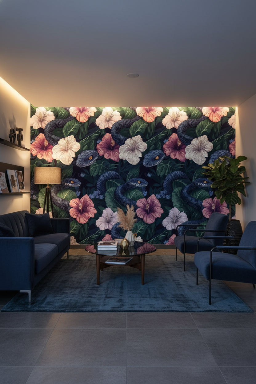 Dark Botanical Snake and Hibiscus Wallpaper