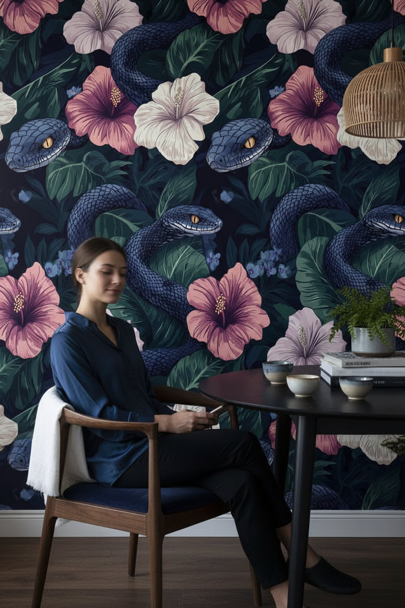 Dark Botanical Snake and Hibiscus Wallpaper