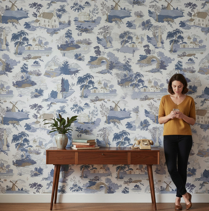 Cream and Blue Vintage Landscape Wallpaper