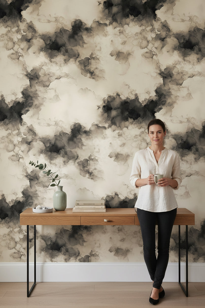 Cream and Black Abstract Cloud Wallpaper