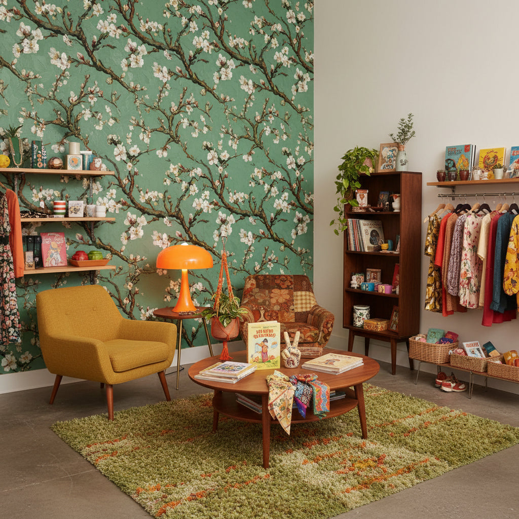 Sage Green Blossoming Cherry Branch Wallpaper