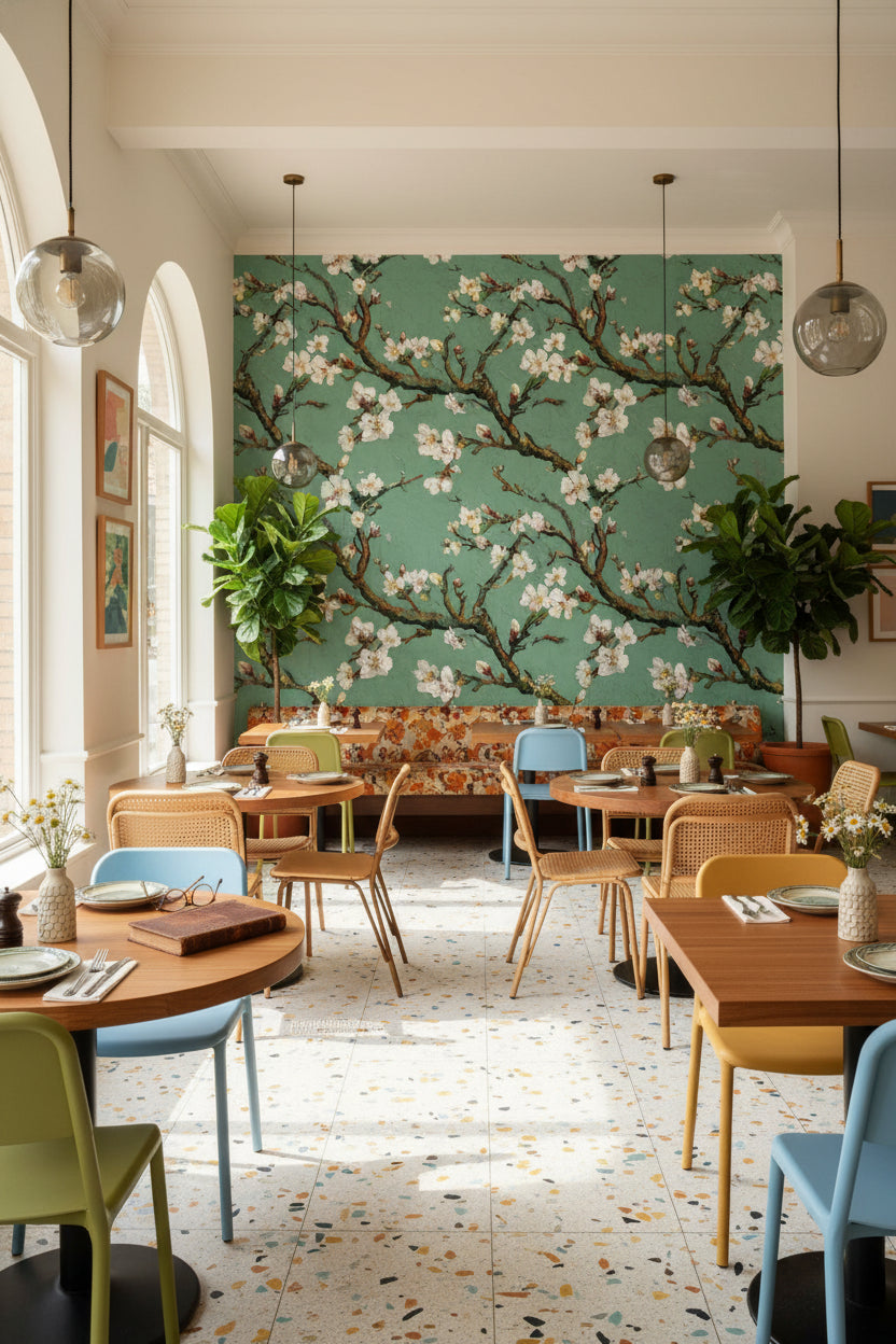 Sage Green Blossoming Cherry Branch Wallpaper