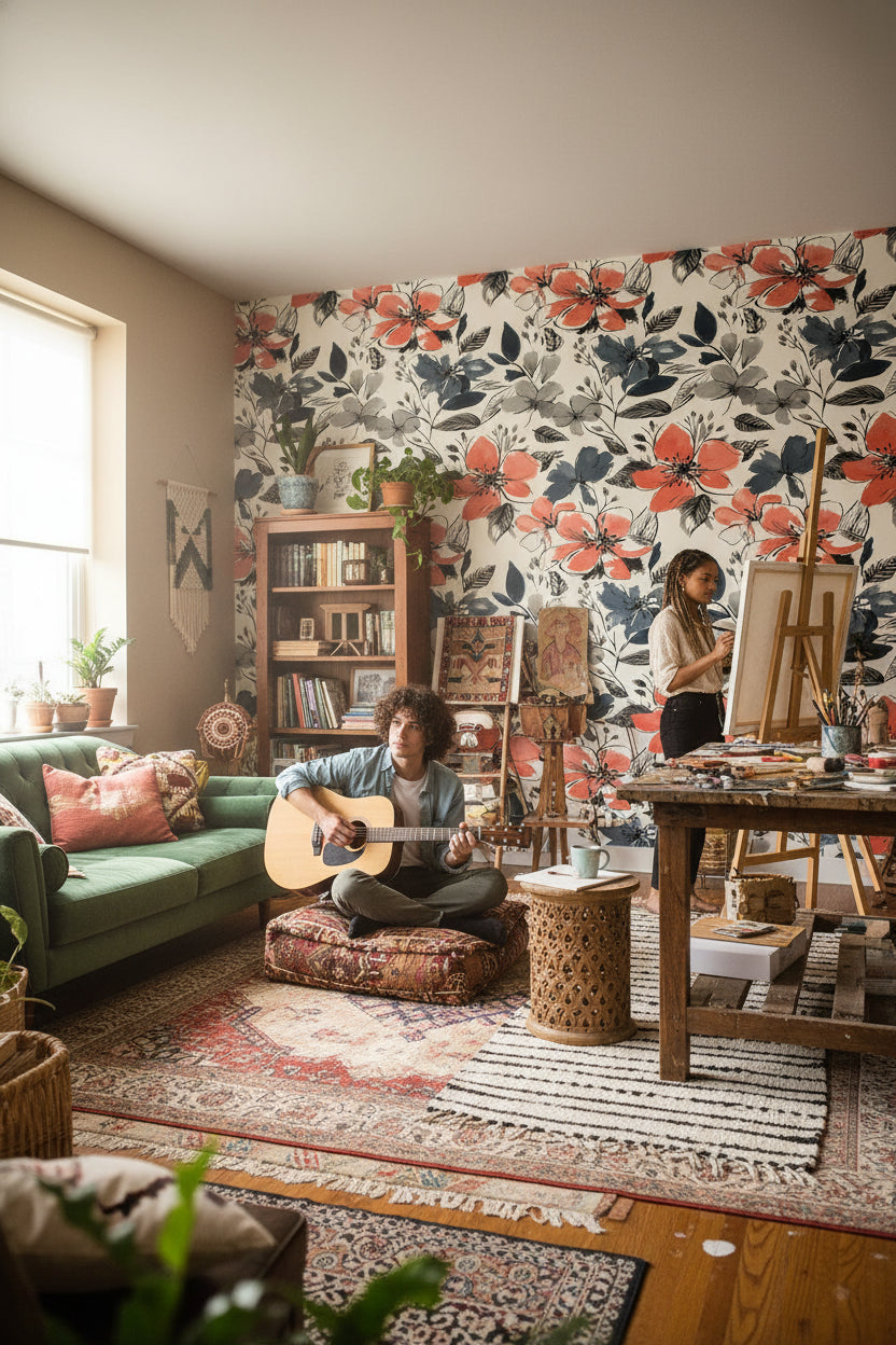 Coral and Blue Oversized Floral Wallpaper